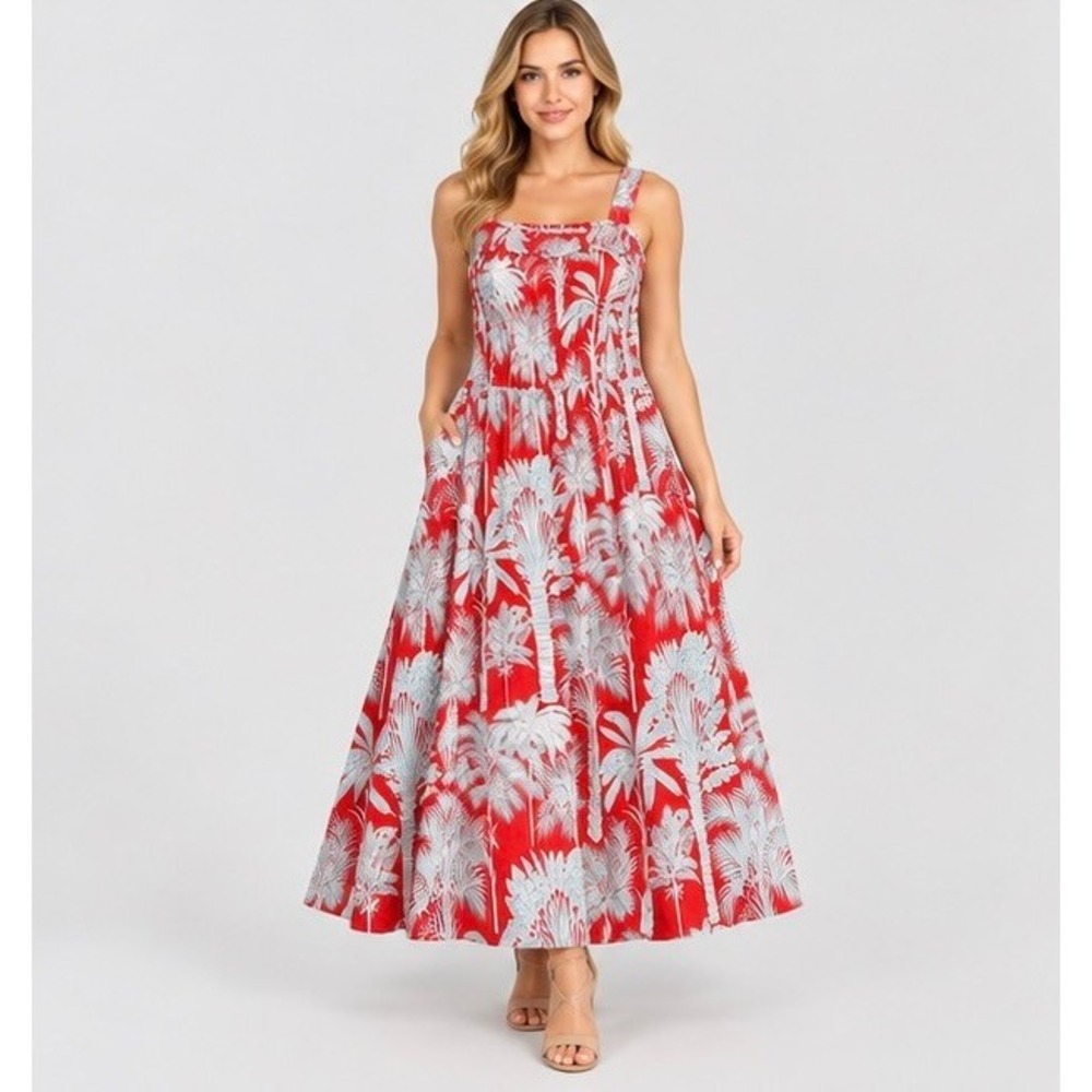 Talbots Womens 12 Red Blue Palm Tree Smocked Cotton Midi Dress Boho Tropical
